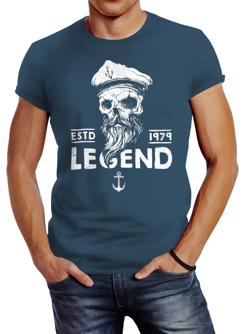 Herren T-Shirt Skull Captain Legend Totenkopf Bart Kapitän Slim Fit