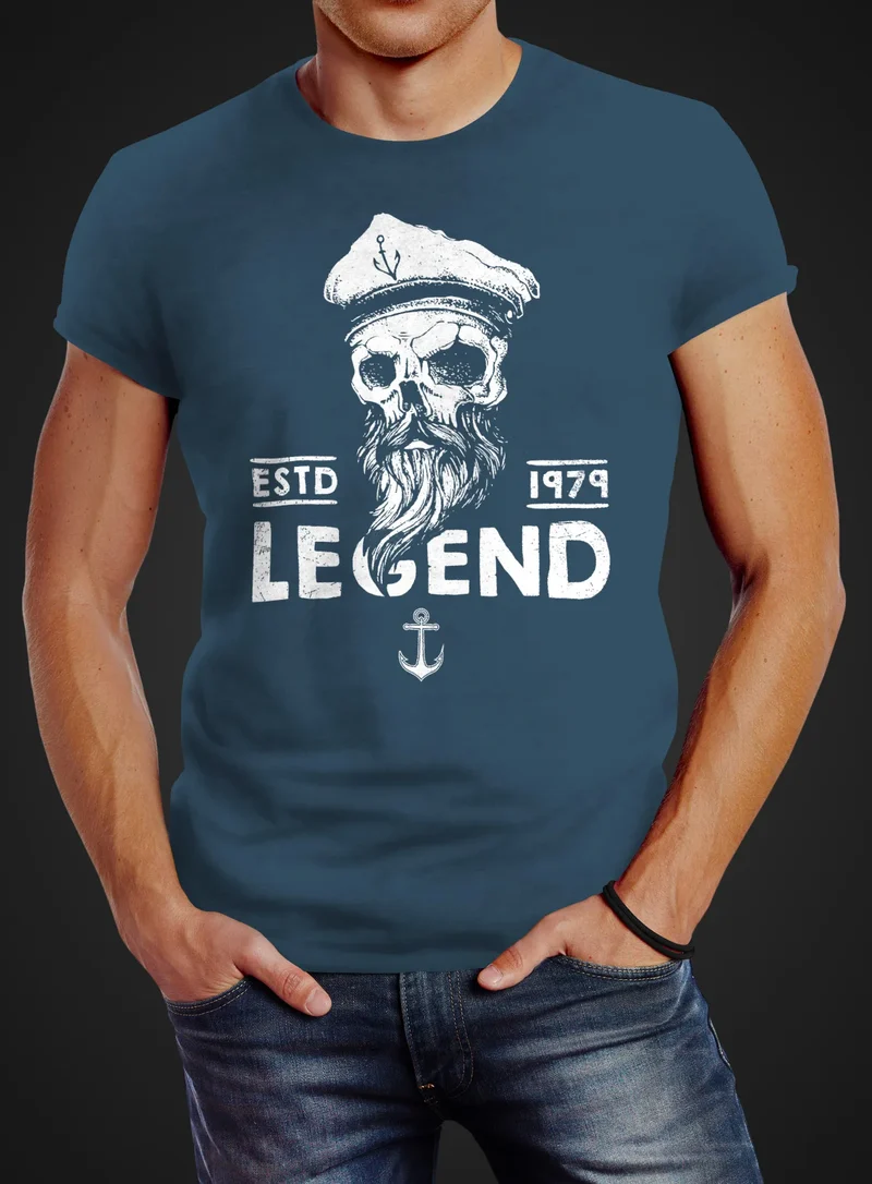 Herren T-Shirt Skull Captain Legend Totenkopf Bart Kapitän Slim Fit