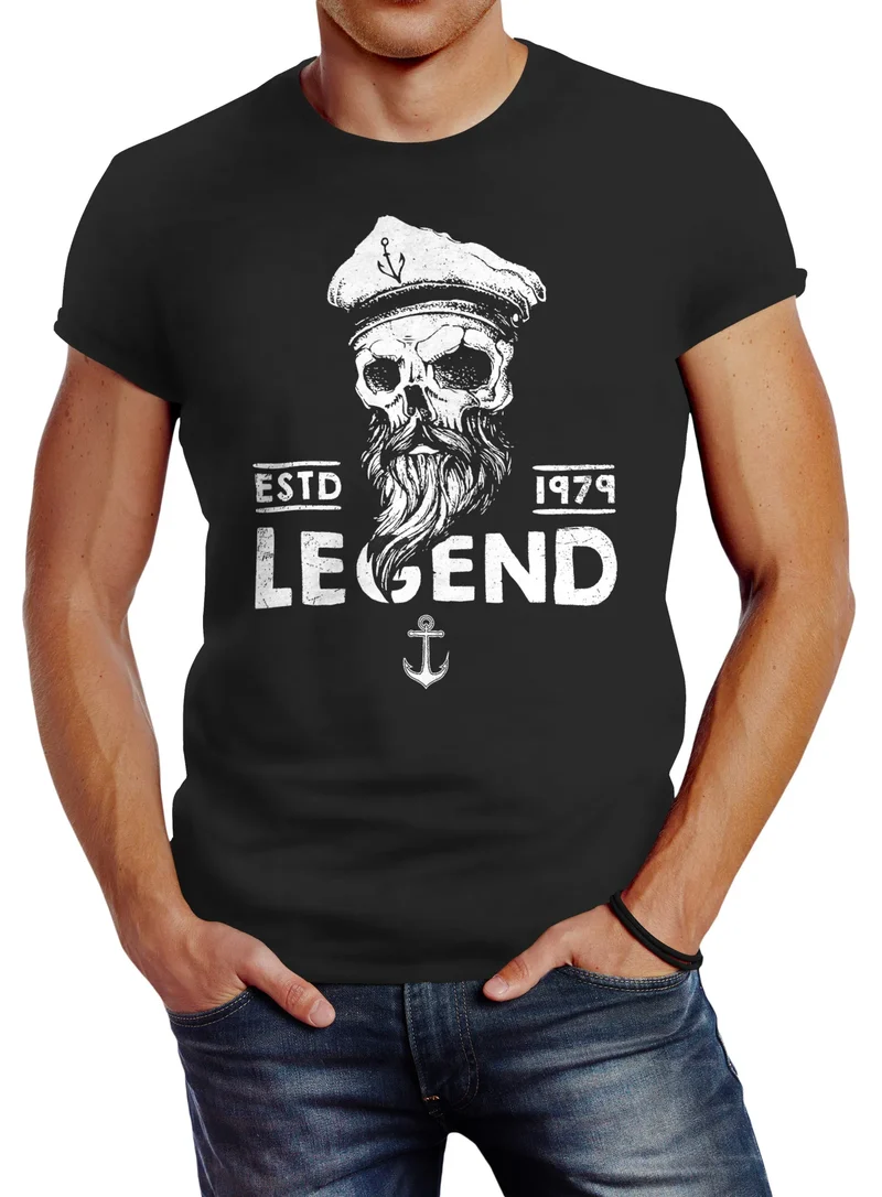Herren T-Shirt Skull Captain Legend Totenkopf Bart Kapitän Slim Fit