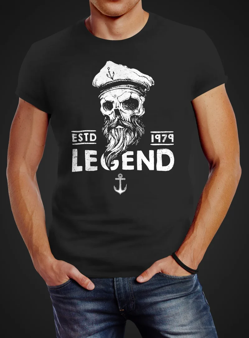 Herren T-Shirt Skull Captain Legend Totenkopf Bart Kapitän Slim Fit