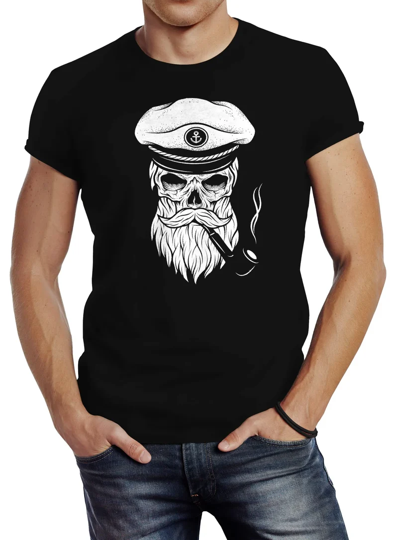 Herren T-Shirt Totenkopf Kapitän Captain Skull Hipster Slim Fit