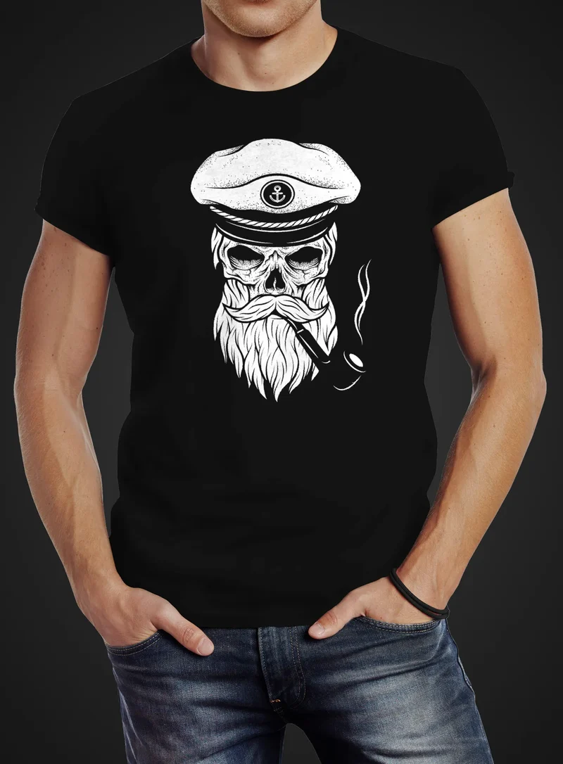 Herren T-Shirt Totenkopf Kapitän Captain Skull Hipster Slim Fit