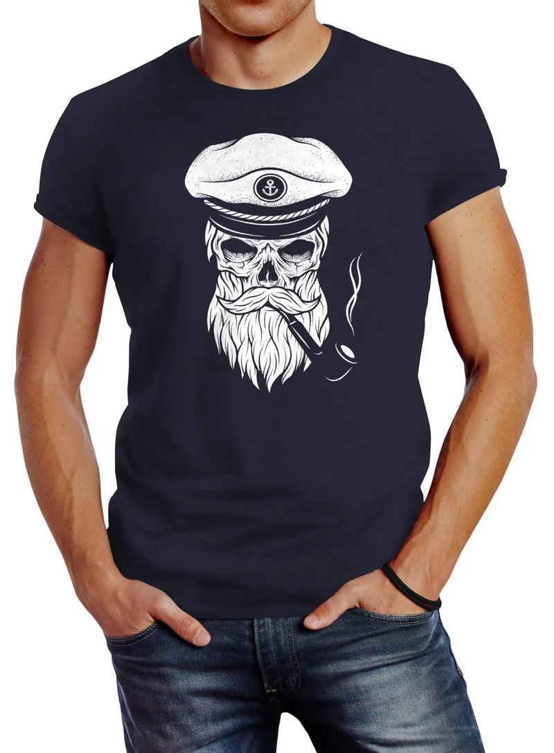 Herren T-Shirt Totenkopf Kapitän Captain Skull Hipster Slim Fit