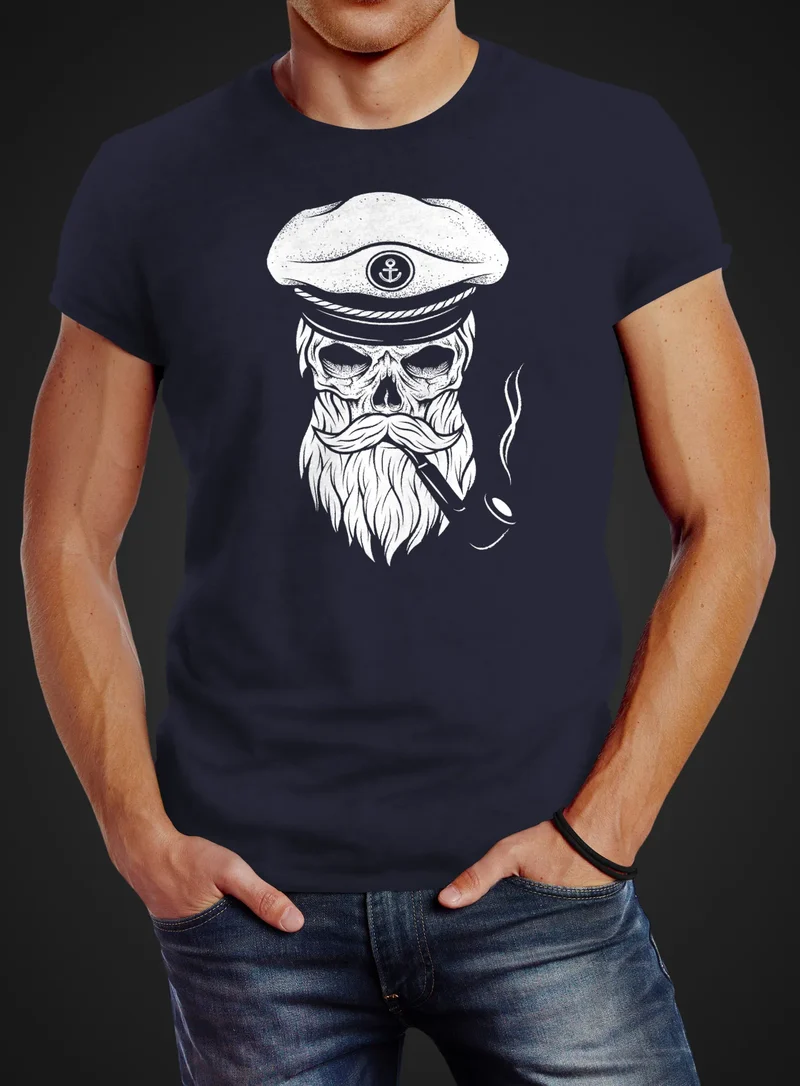 Herren T-Shirt Totenkopf Kapitän Captain Skull Hipster Slim Fit