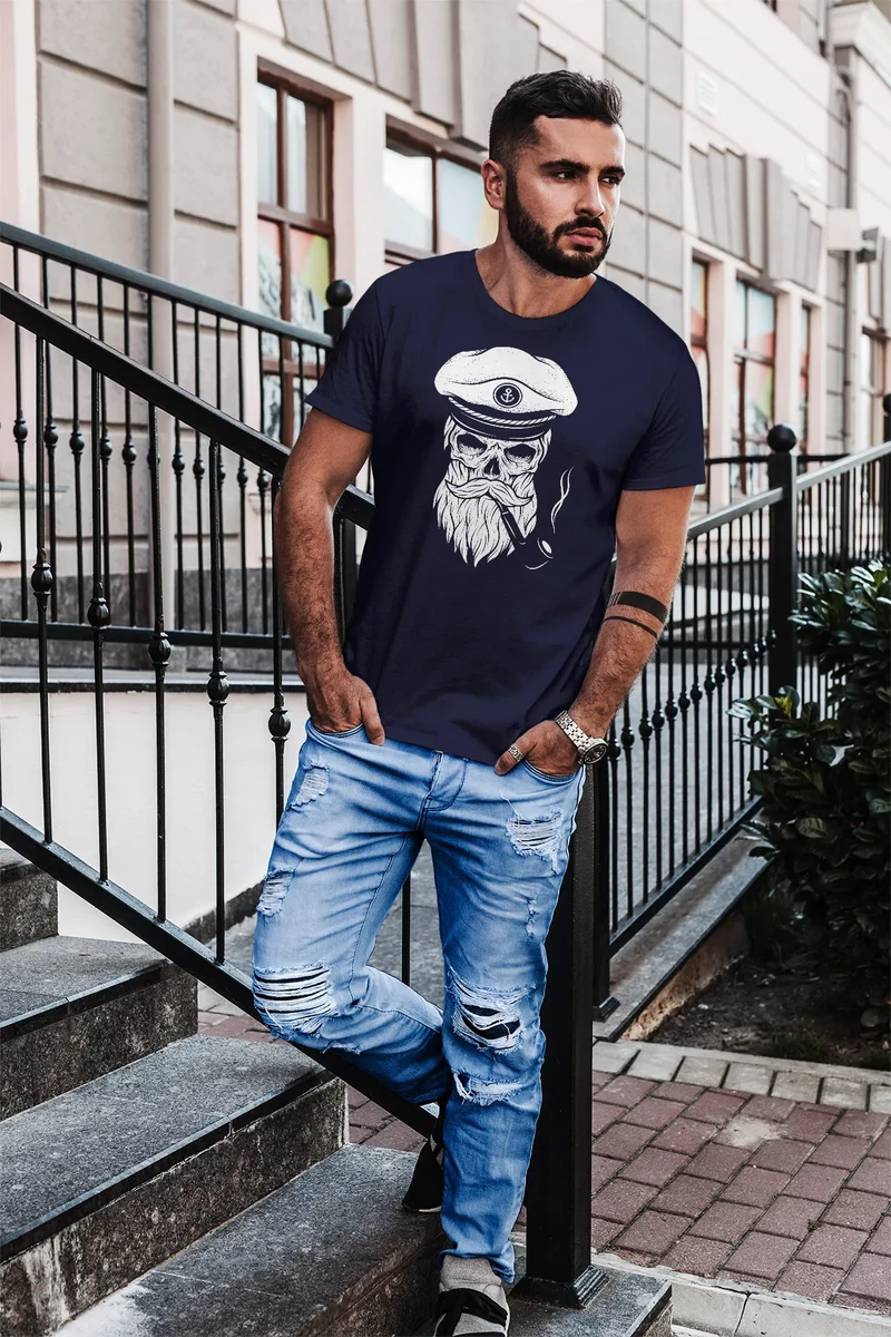 Herren T-Shirt Totenkopf Kapitän Captain Skull Hipster Slim Fit
