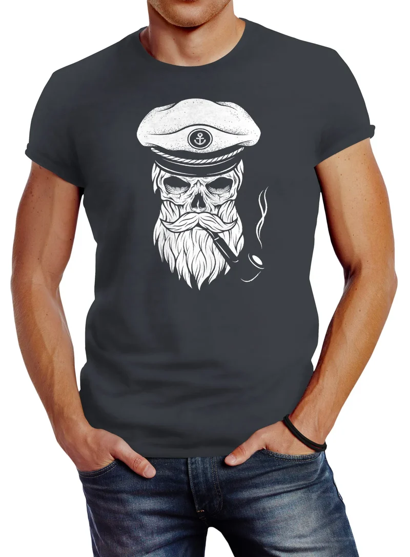 Herren T-Shirt Totenkopf Kapitän Captain Skull Hipster Slim Fit