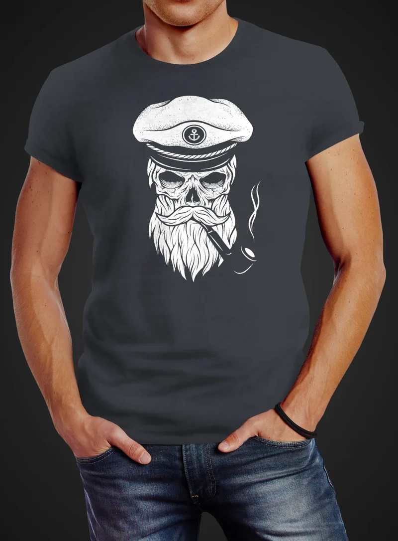 Herren T-Shirt Totenkopf Kapitän Captain Skull Hipster Slim Fit