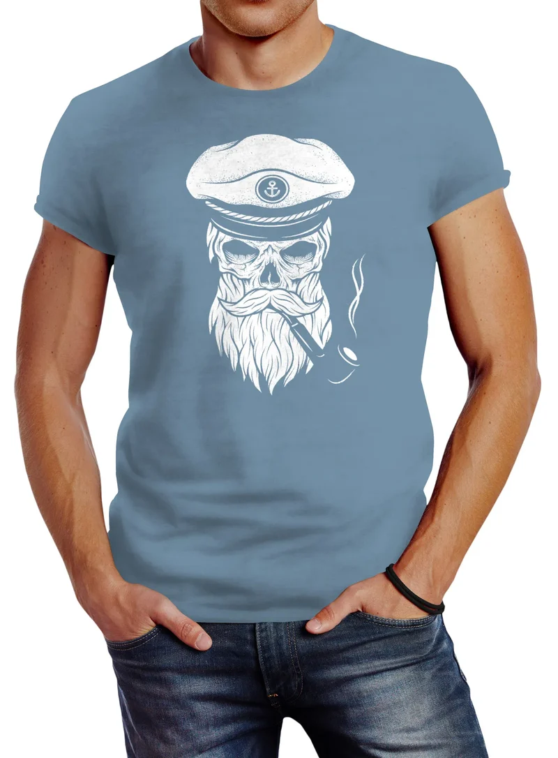 Herren T-Shirt Totenkopf Kapitän Captain Skull Hipster Slim Fit