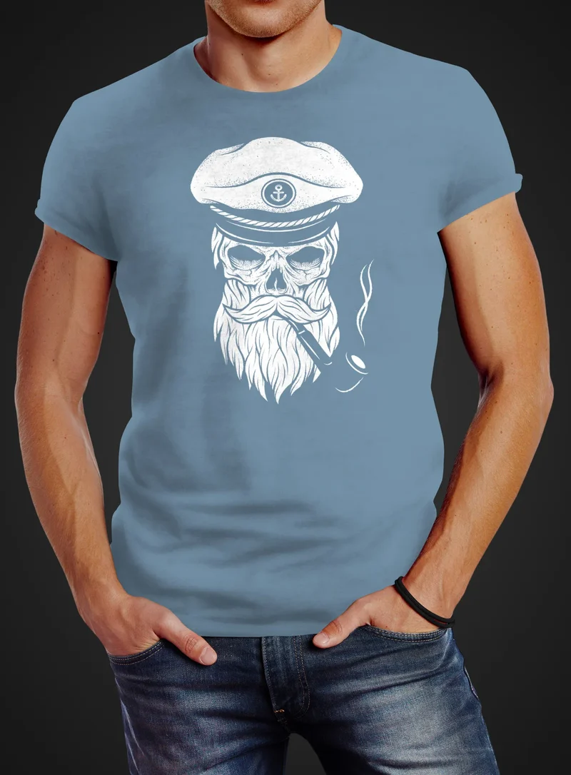 Herren T-Shirt Totenkopf Kapitän Captain Skull Hipster Slim Fit