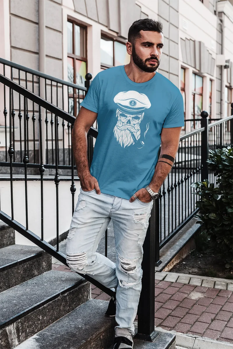 Herren T-Shirt Totenkopf Kapitän Captain Skull Hipster Slim Fit