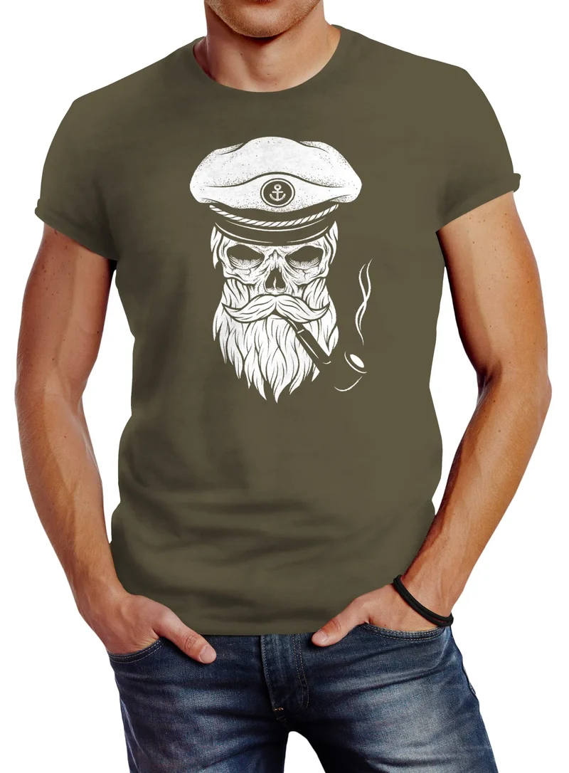 Herren T-Shirt Totenkopf Kapitän Captain Skull Hipster Slim Fit