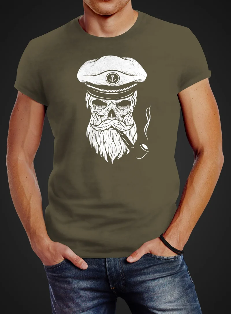 Herren T-Shirt Totenkopf Kapitän Captain Skull Hipster Slim Fit