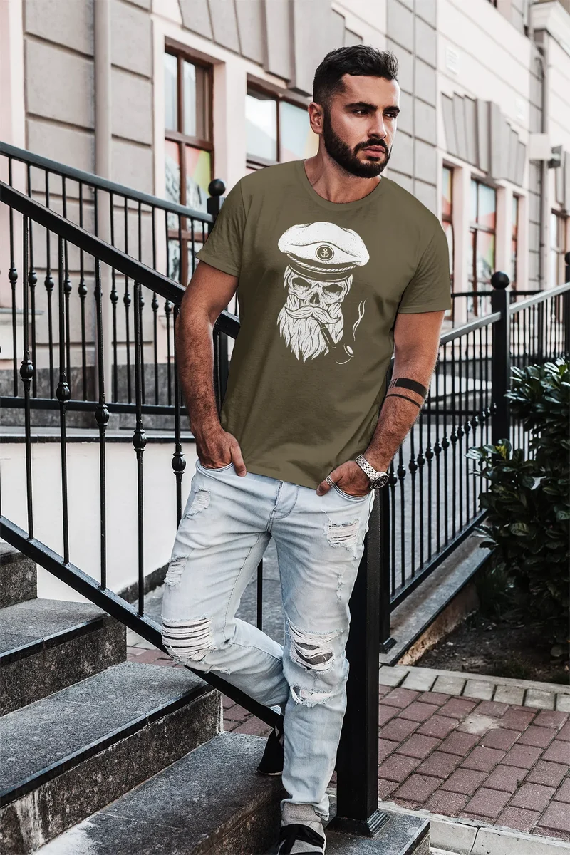 Herren T-Shirt Totenkopf Kapitän Captain Skull Hipster Slim Fit