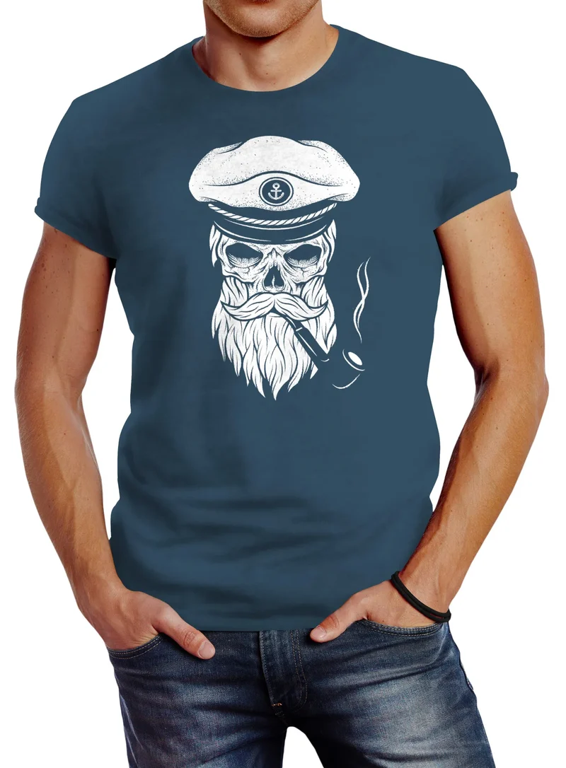 Herren T-Shirt Totenkopf Kapitän Captain Skull Hipster Slim Fit