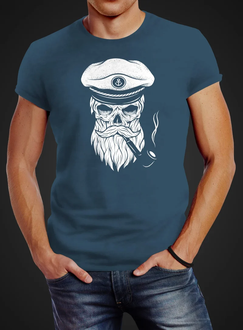Herren T-Shirt Totenkopf Kapitän Captain Skull Hipster Slim Fit