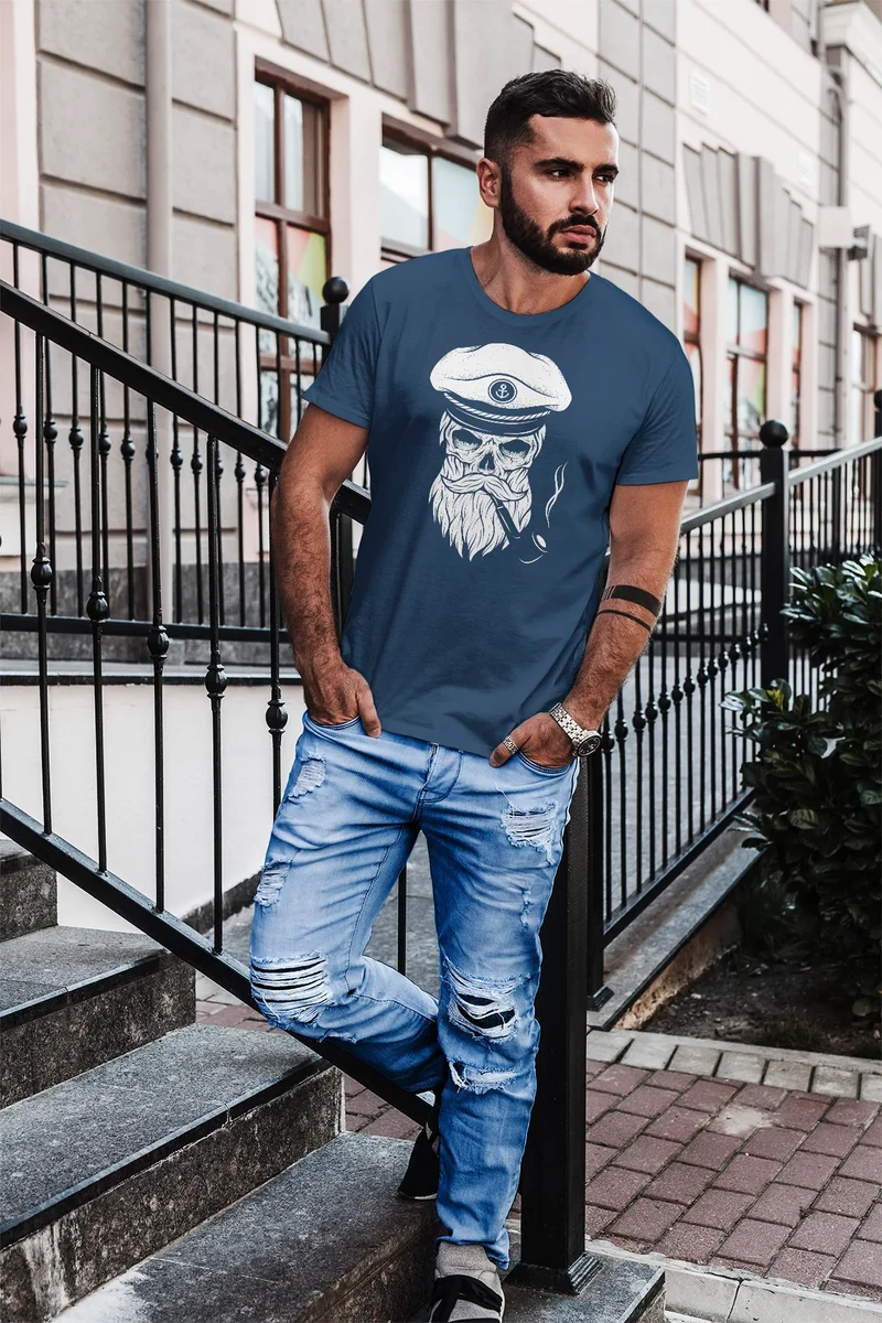 Herren T-Shirt Totenkopf Kapitän Captain Skull Hipster Slim Fit