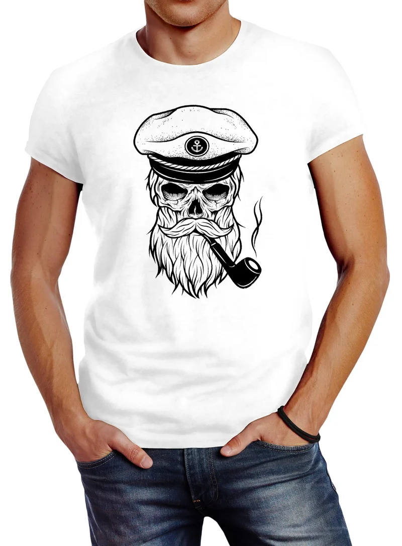 Herren T-Shirt Totenkopf Kapitän Captain Skull Hipster Slim Fit