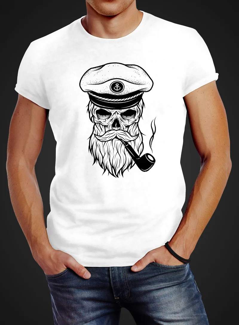 Herren T-Shirt Totenkopf Kapitän Captain Skull Hipster Slim Fit