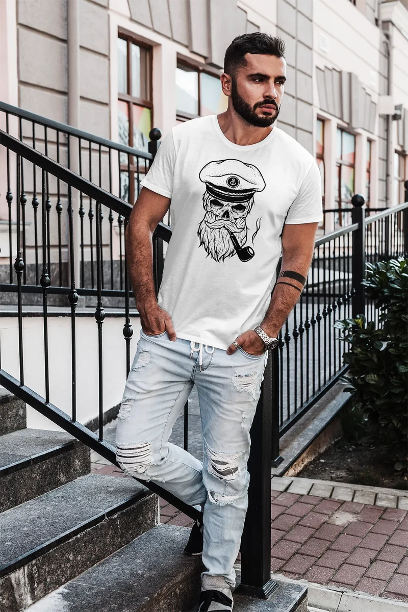 Herren T-Shirt Totenkopf Kapitän Captain Skull Hipster Slim Fit