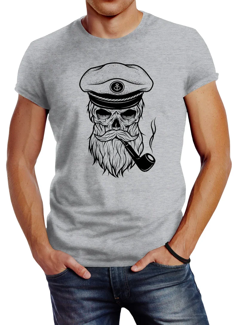 Herren T-Shirt Totenkopf Kapitän Captain Skull Hipster Slim Fit