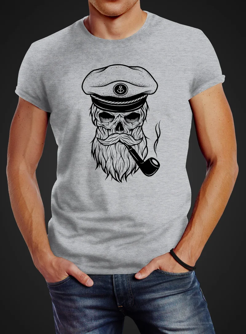 Herren T-Shirt Totenkopf Kapitän Captain Skull Hipster Slim Fit