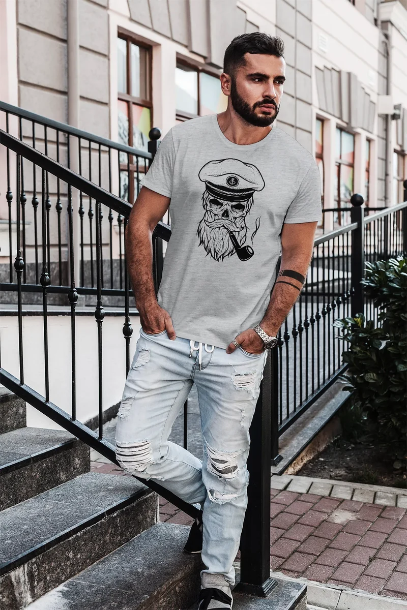 Herren T-Shirt Totenkopf Kapitän Captain Skull Hipster Slim Fit