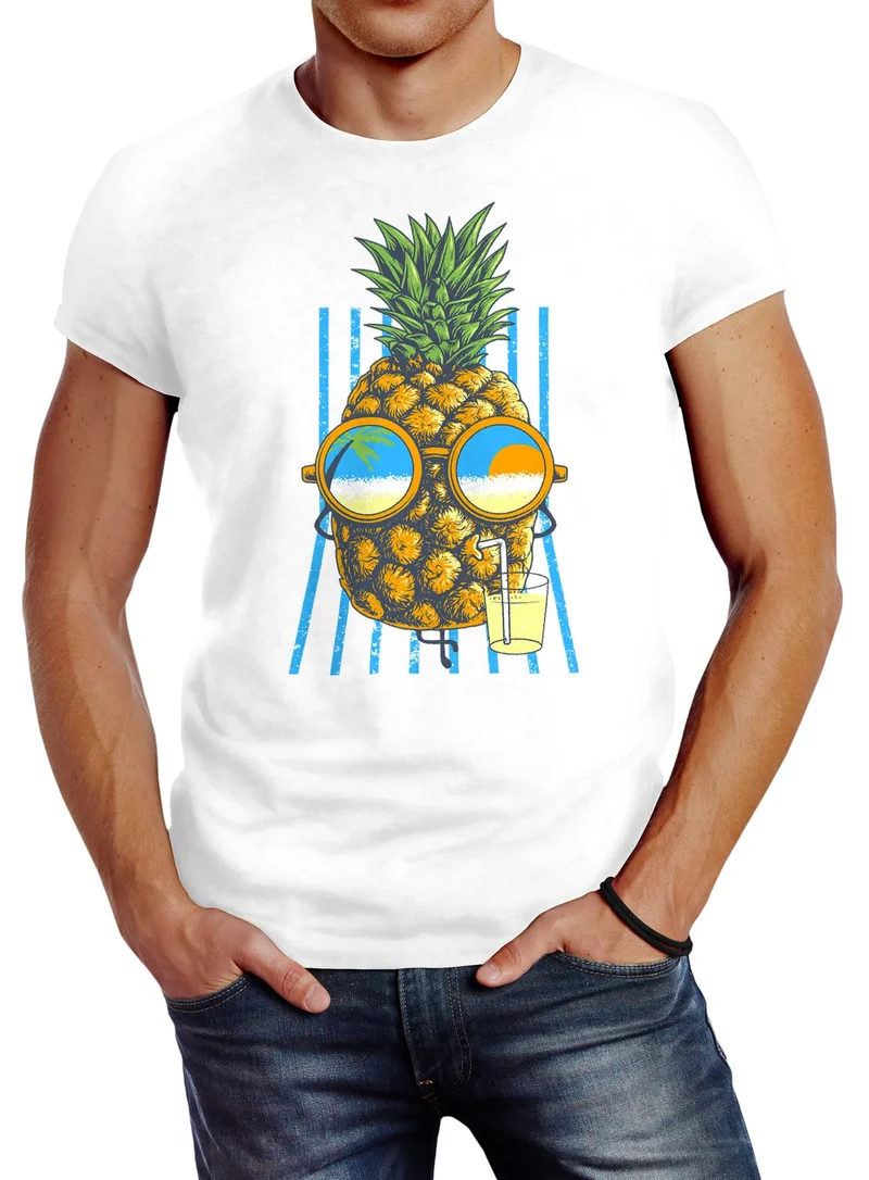 Herren T-Shirt chilling Ananas Pinapple Sommer Beach Cocktail