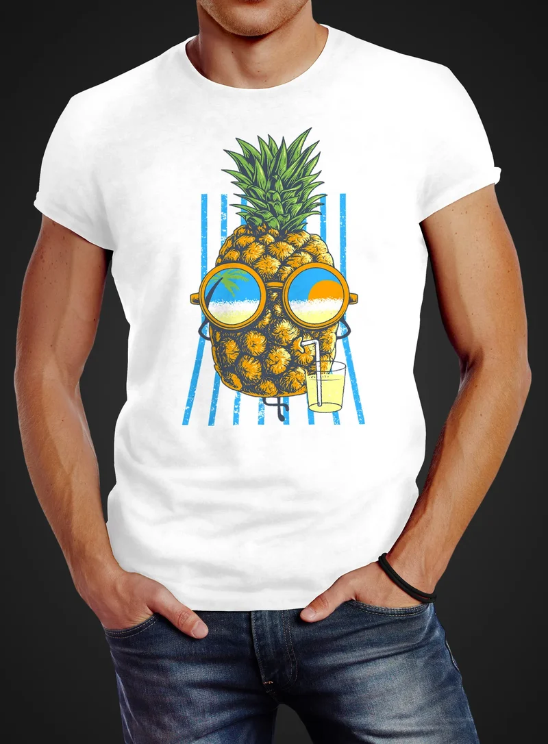 Herren T-Shirt chilling Ananas Pinapple Sommer Beach Cocktail