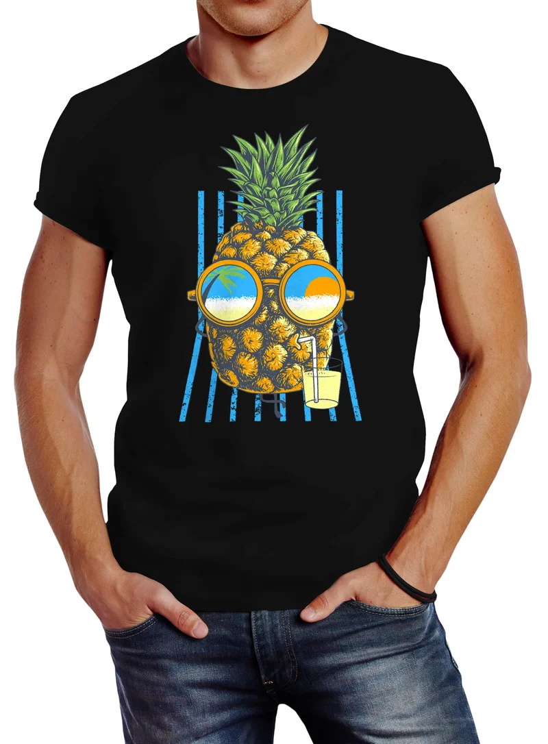 Herren T-Shirt chilling Ananas Pinapple Sommer Beach Cocktail