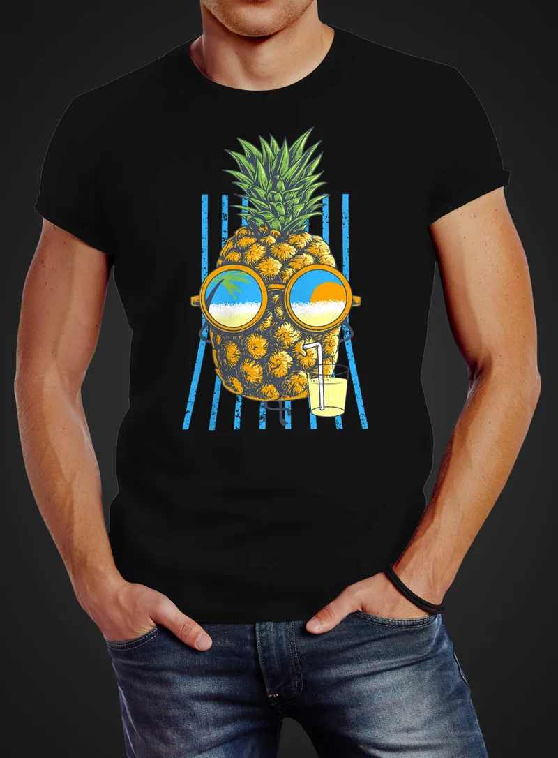 Herren T-Shirt chilling Ananas Pinapple Sommer Beach Cocktail