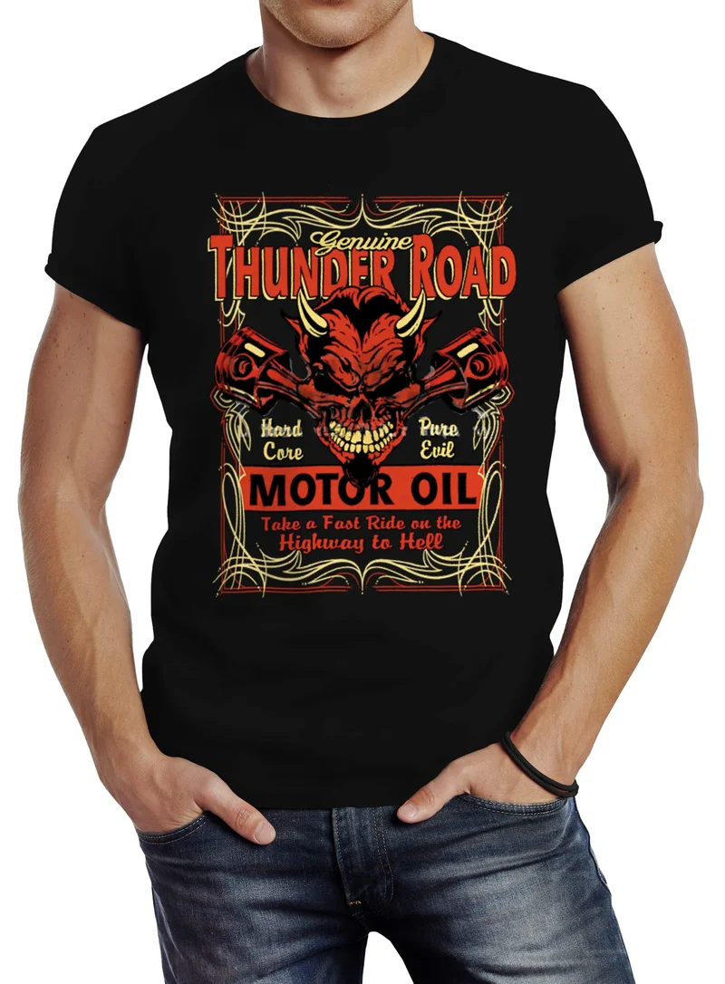 Herren T-Shirt Motorrad Motor Block Oil Skull Devil Biker Slim Fit