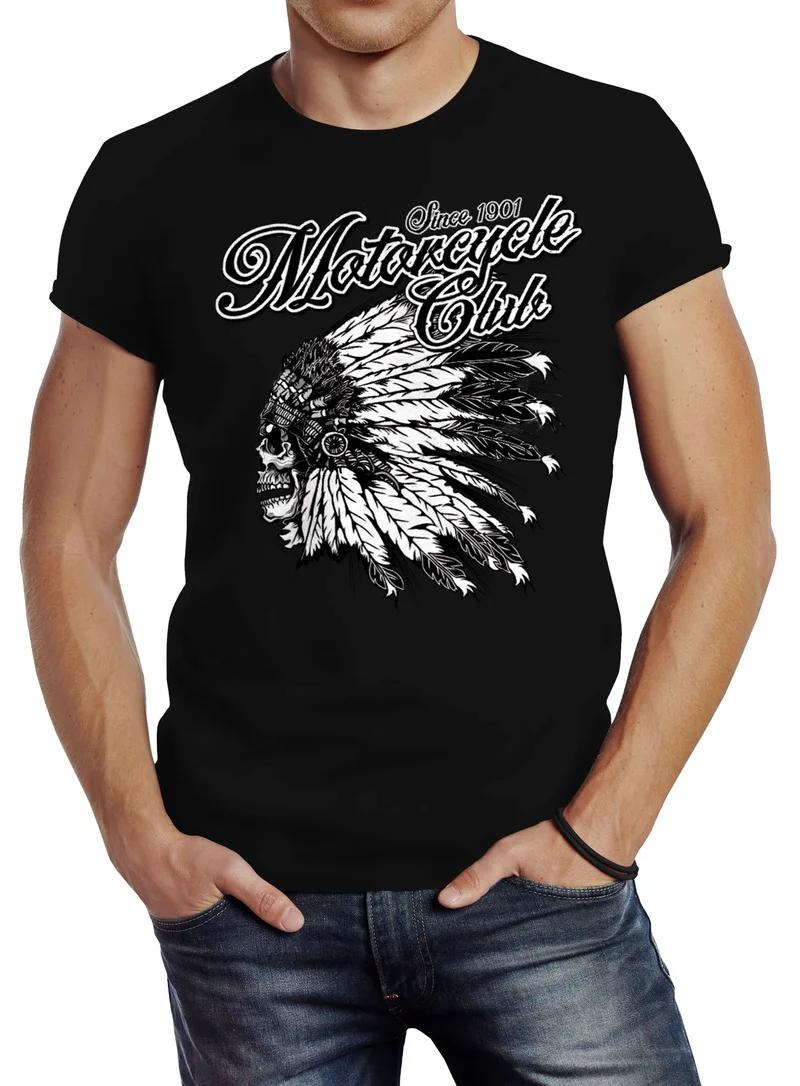 Herren T-Shirt Indianer Totenkopf Indian Skull Biker Motorrad Slim Fit