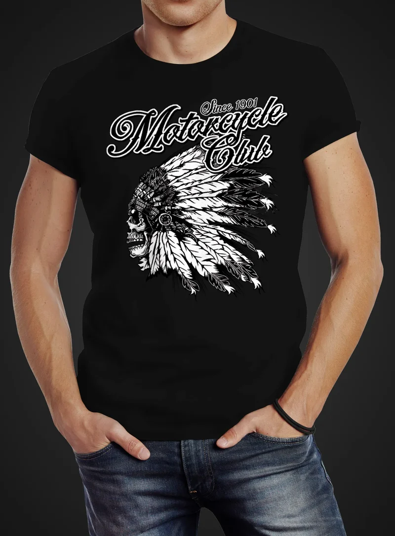 Herren T-Shirt Indianer Totenkopf Indian Skull Biker Motorrad Slim Fit