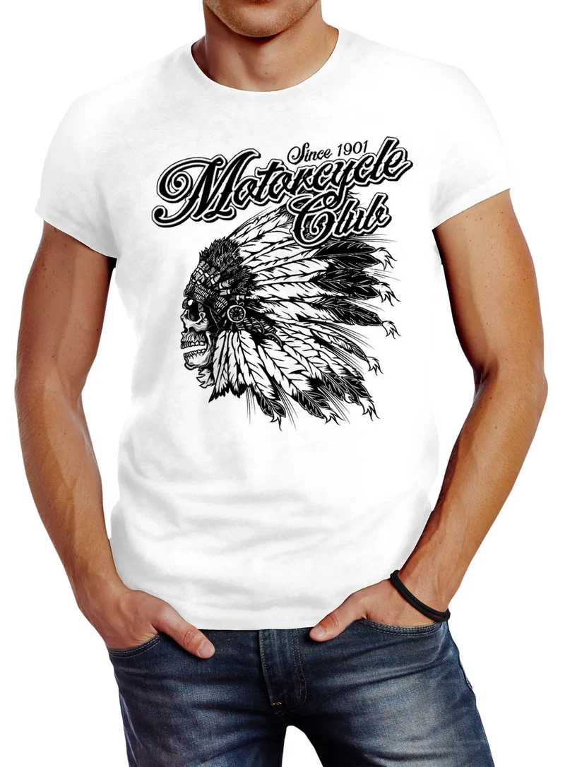Herren T-Shirt Indianer Totenkopf Indian Skull Biker Motorrad Slim Fit