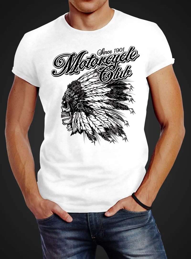 Herren T-Shirt Indianer Totenkopf Indian Skull Biker Motorrad Slim Fit