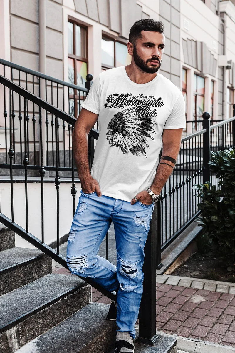 Herren T-Shirt Indianer Totenkopf Indian Skull Biker Motorrad Slim Fit