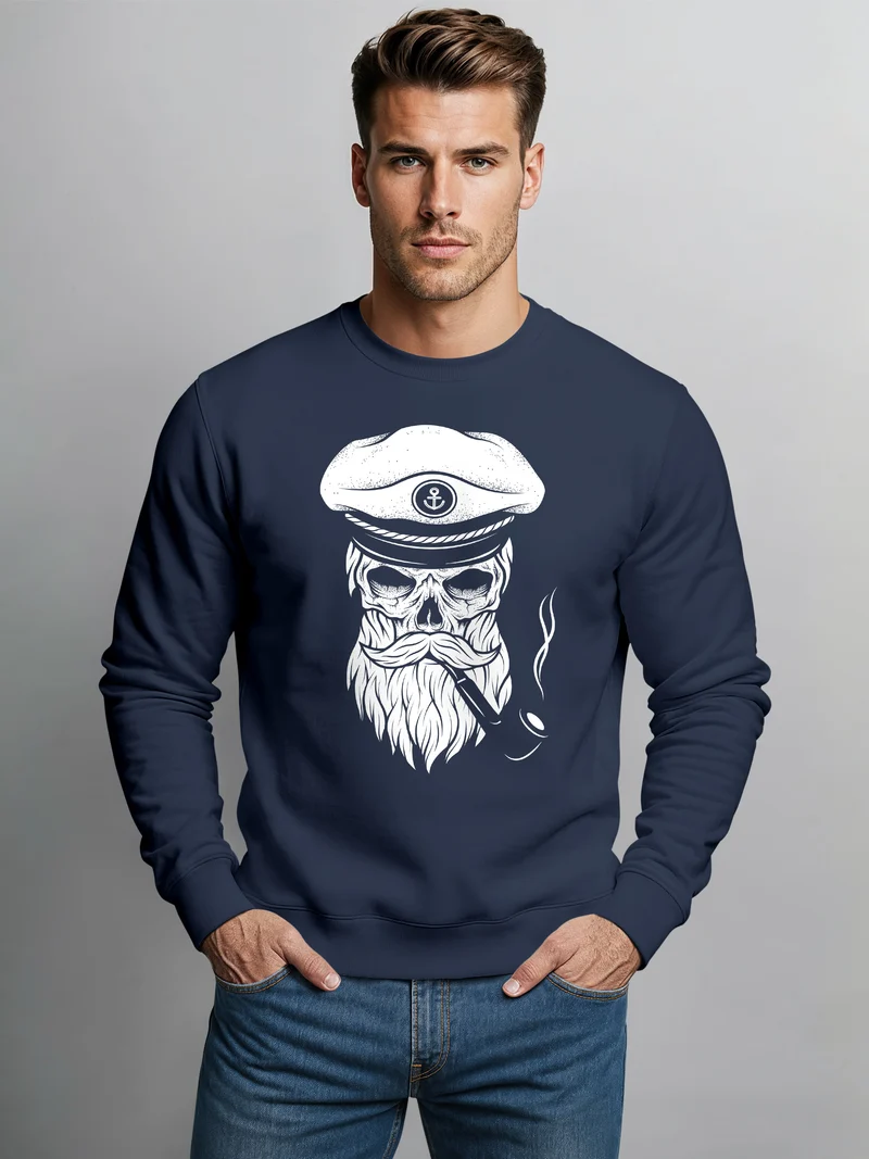 Herren Sweatshirt Totenkopf Kapitän Captain Skull Bard Hipster Seemann Pullover