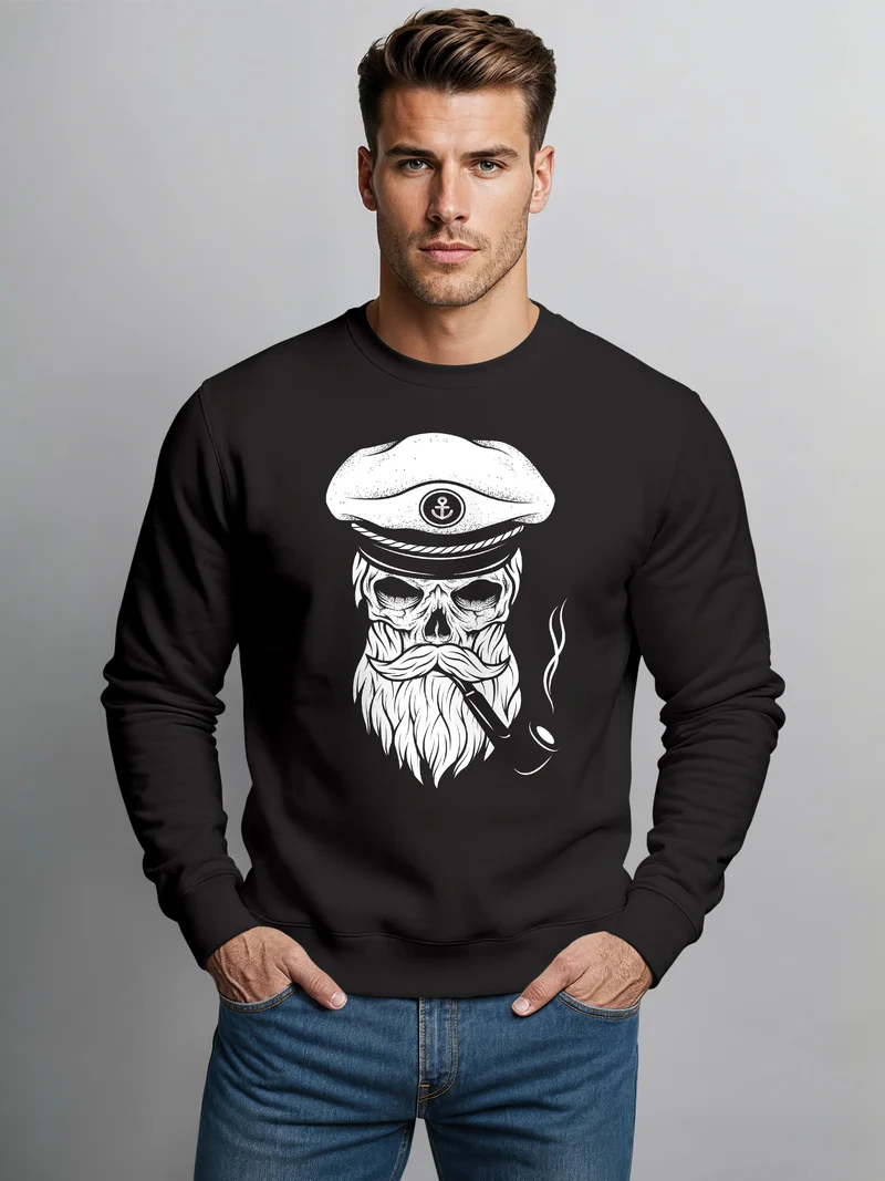 Herren Sweatshirt Totenkopf Kapitän Captain Skull Bard Hipster Seemann Pullover