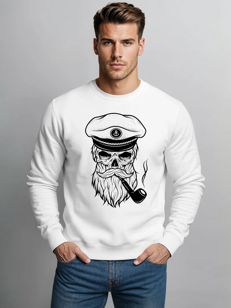 Herren Sweatshirt Totenkopf Kapitän Captain Skull Bard Hipster Seemann Pullover