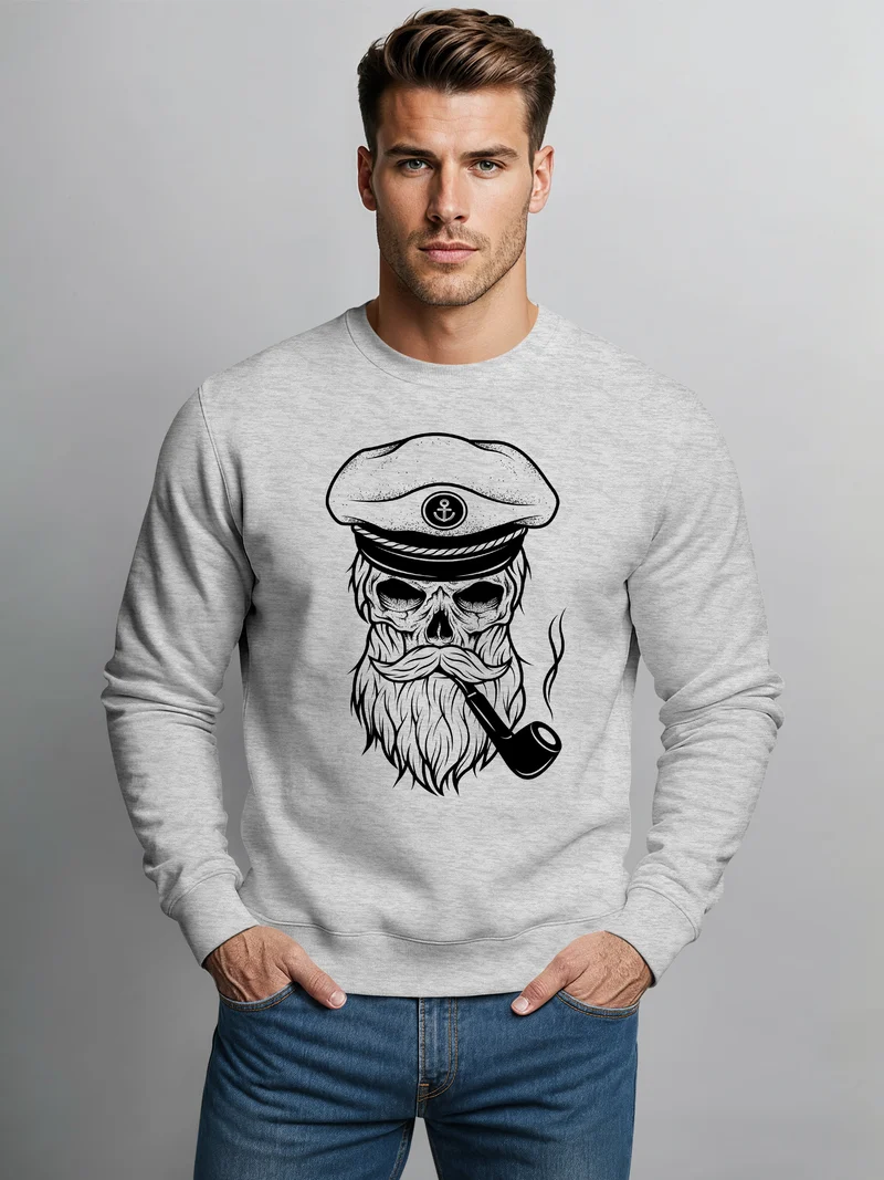 Herren Sweatshirt Totenkopf Kapitän Captain Skull Bard Hipster Seemann Pullover