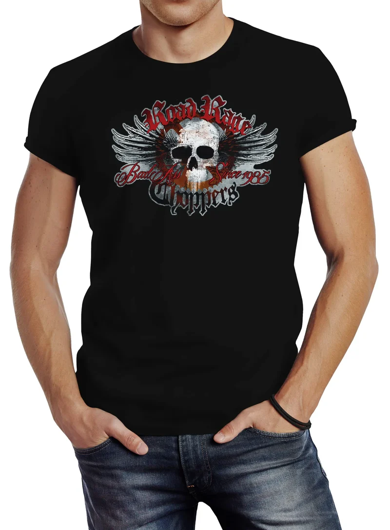 Herren T-Shirt Road Rage Choppers Motorrad Biker Totenkopf Slim Fit