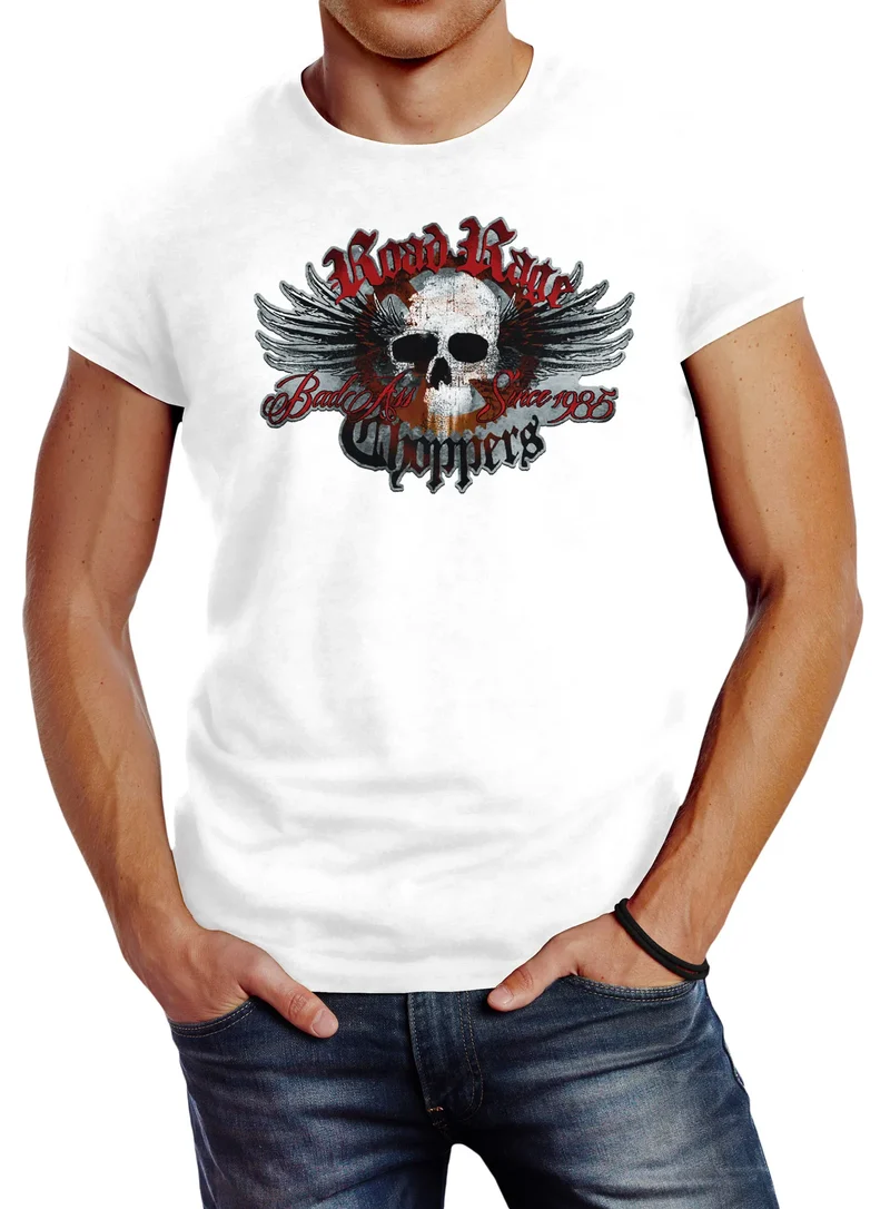 Herren T-Shirt Road Rage Choppers Motorrad Biker Totenkopf Slim Fit