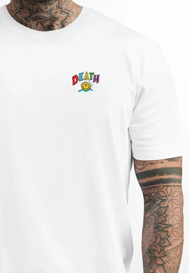 Backprint TShirt Herren Printshirt Design mit lustigem Spruch Death Is Coming Schwarzer Humor Sarkasmus Fashion