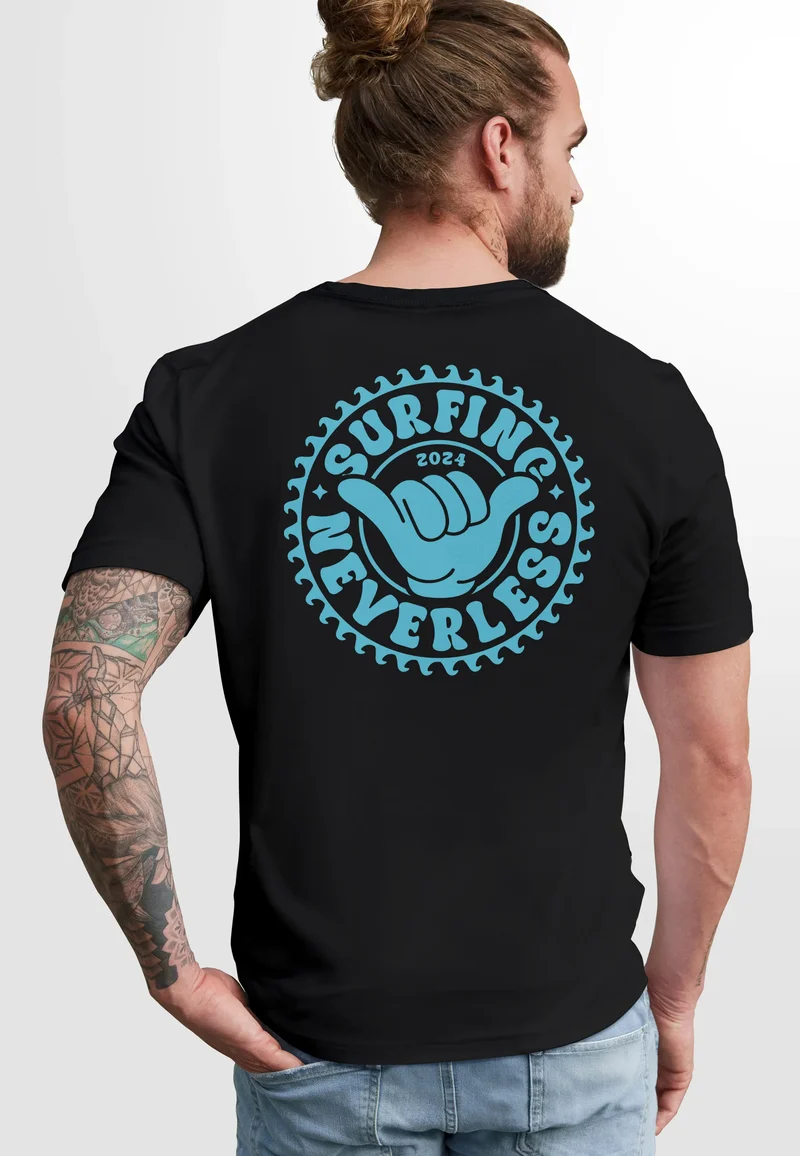 Herren T-Shirt Surfing Surfer Motiv Hang Loose Sommer Sonne Wellen Backprint Fashion Streetstyle