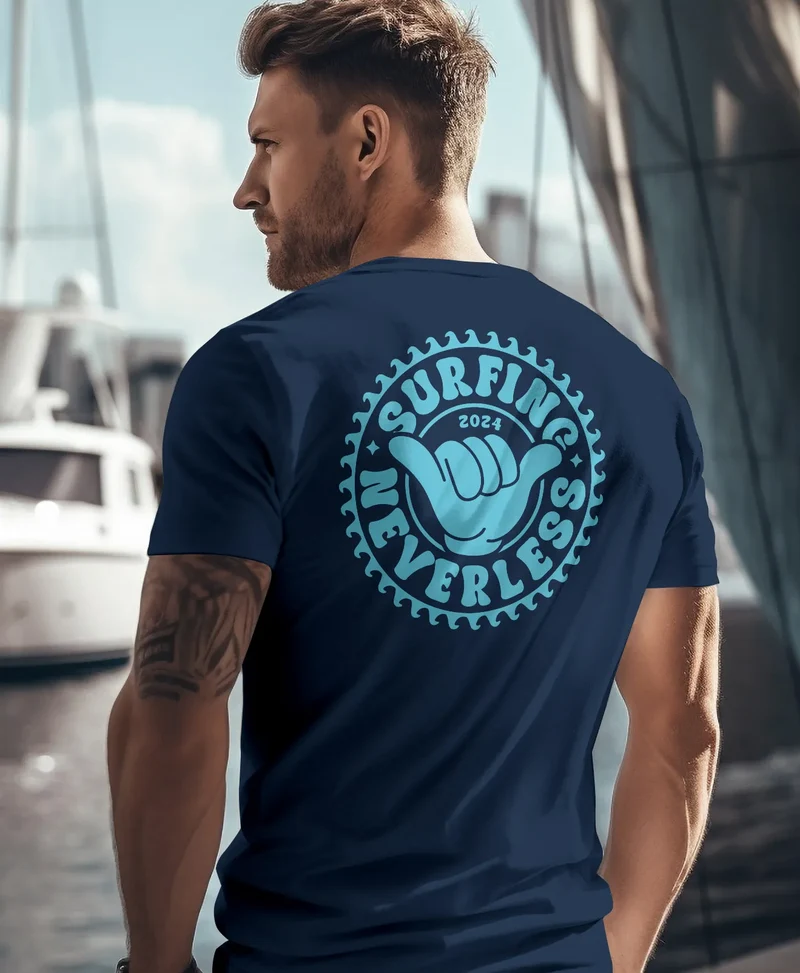 Herren T-Shirt Surfing Surfer Motiv Hang Loose Sommer Sonne Wellen Backprint Fashion Streetstyle