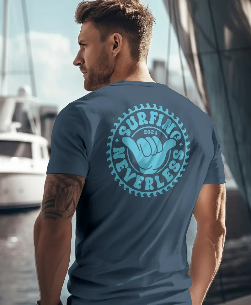 Herren T-Shirt Surfing Surfer Motiv Hang Loose Sommer Sonne Wellen Backprint Fashion Streetstyle
