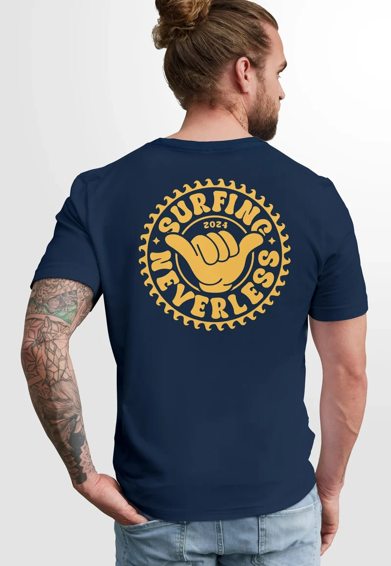 Herren T-Shirt Surfing Surfer Motiv Hang Loose Sommer Sonne Wellen Backprint Fashion Streetstyle