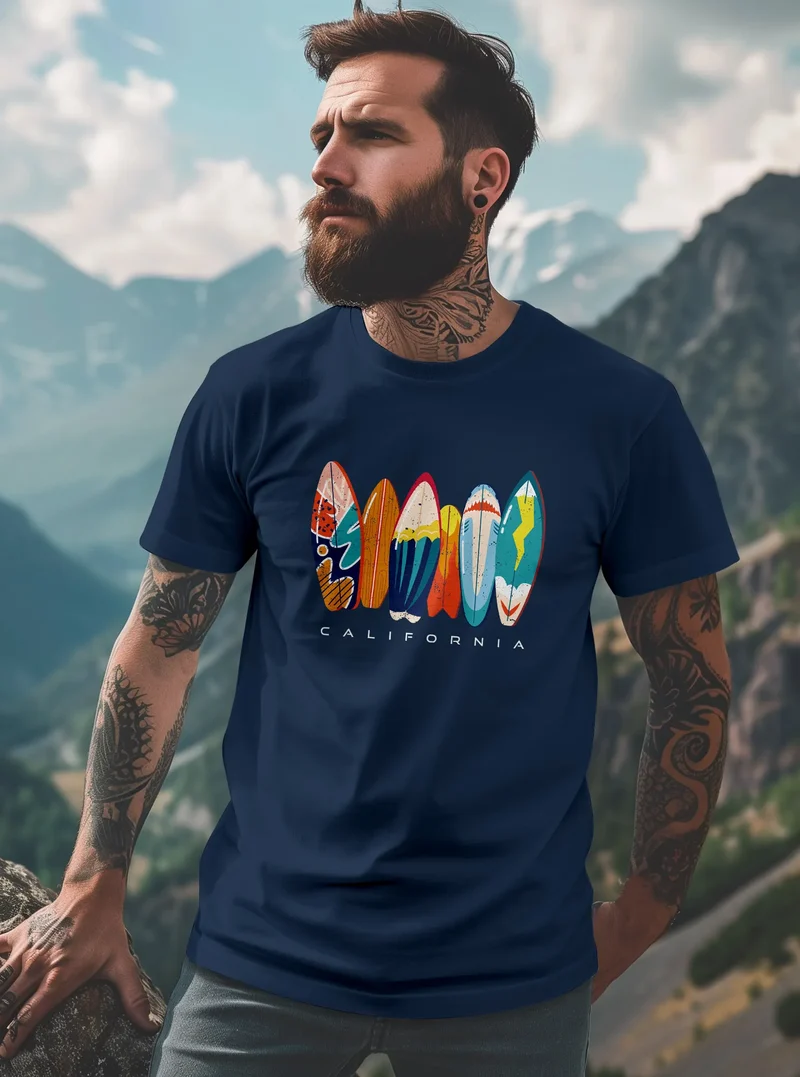 Herren T-Shirt California Surfboards Surfing Motiv Printshirt Brustprint Aufdruck Sommer Fashion Streetstyle