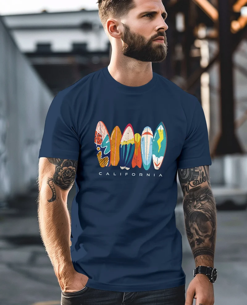 Herren T-Shirt California Surfboards Surfing Motiv Printshirt Brustprint Aufdruck Sommer Fashion Streetstyle