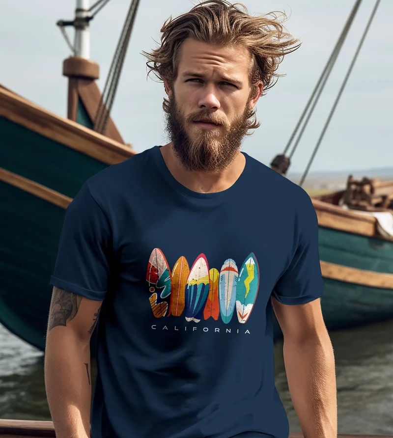 Herren T-Shirt California Surfboards Surfing Motiv Printshirt Brustprint Aufdruck Sommer Fashion Streetstyle